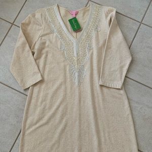 NWT Lily Pulitzer Long Sleeve Beige Knit with embroidery enhanced V neck Dress